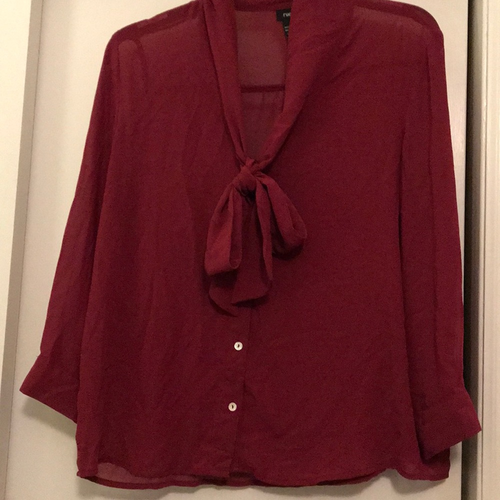 Burgundy sheer long sleeve bow blouse